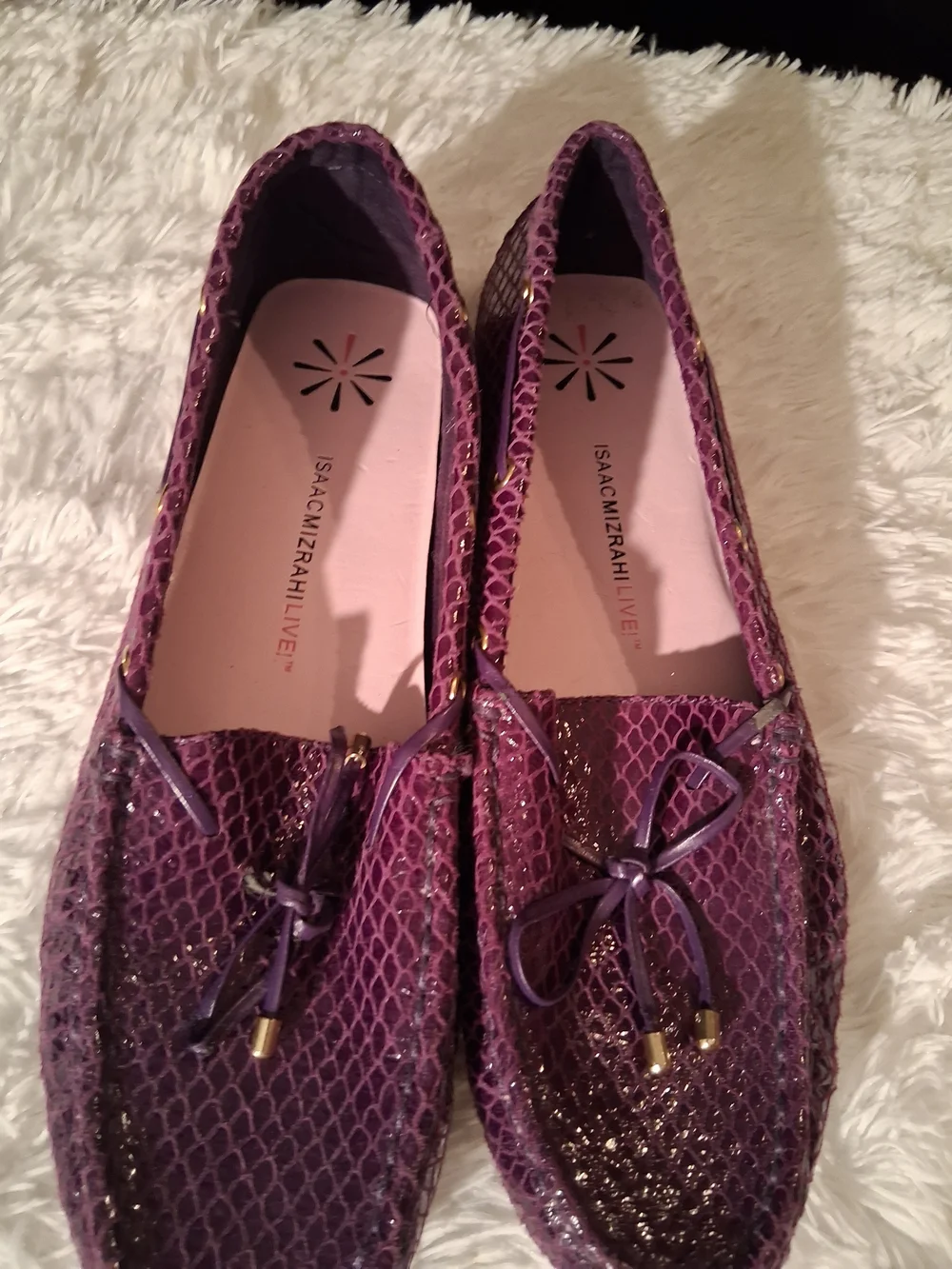 Isaac Mizrahi Women's Purple Snake-Print Moccasin Flats Call Out String Peeling